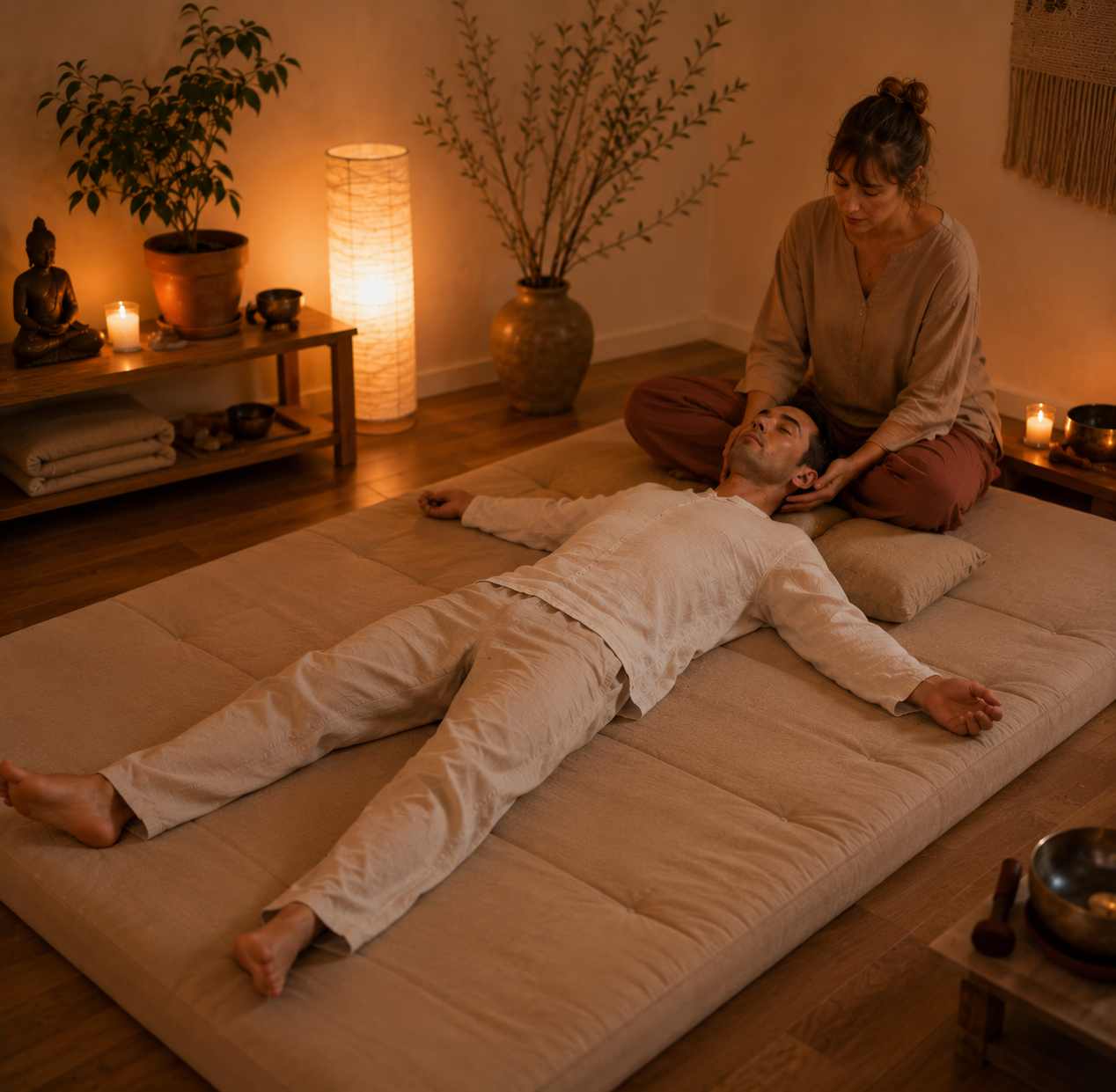 A practitioner resting their hands on a person lying on a mat during a Tibetan Pulsing session